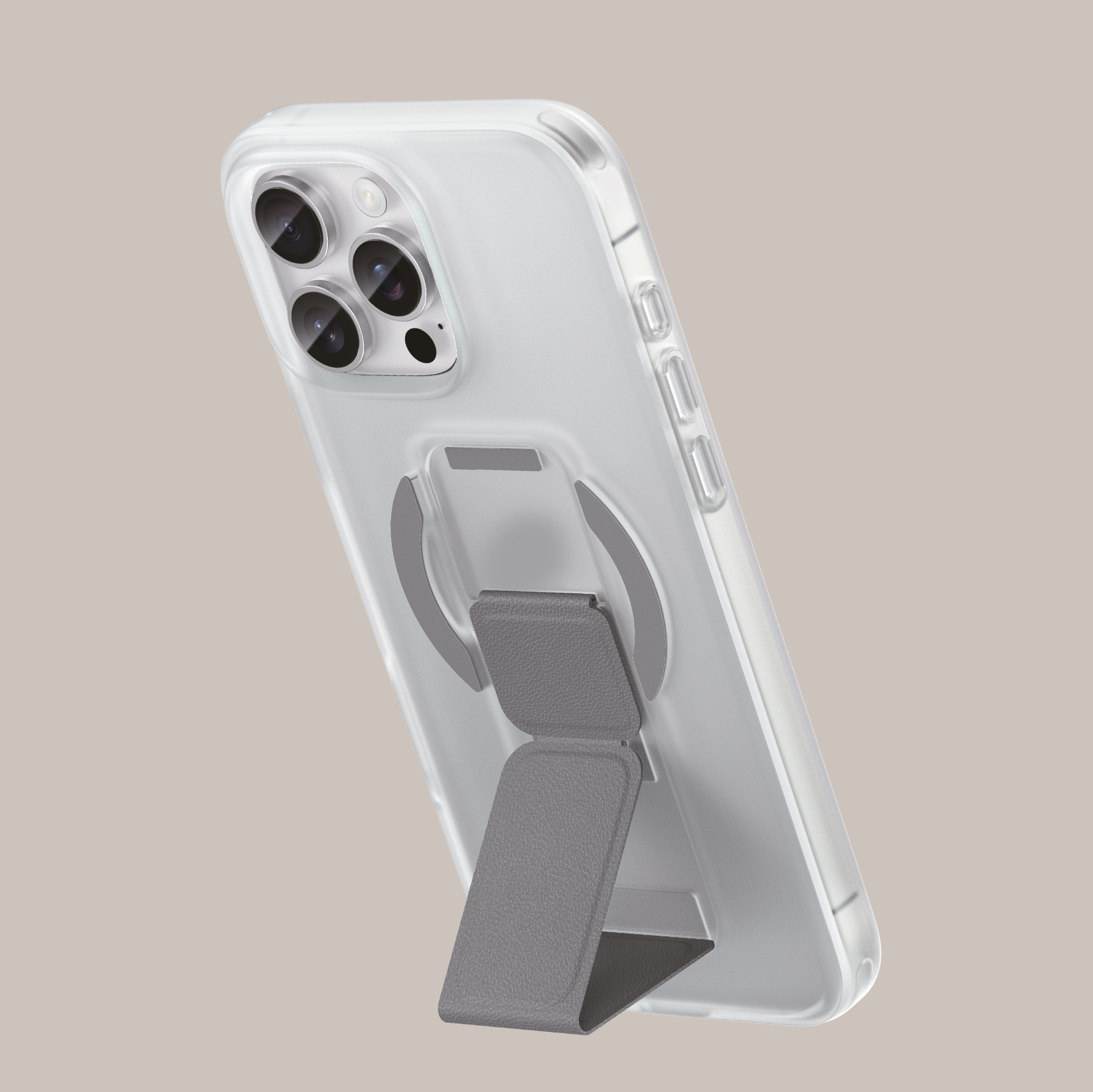 Asli Global Gravitas iPhone 15 Pro Max MagLeather MagSafe With Gray Grip Stand Case| Clear Asli Global Gravitas iPhone 15 Pro Max MagLeather MagSafe With Gray Grip Stand Case| Clear